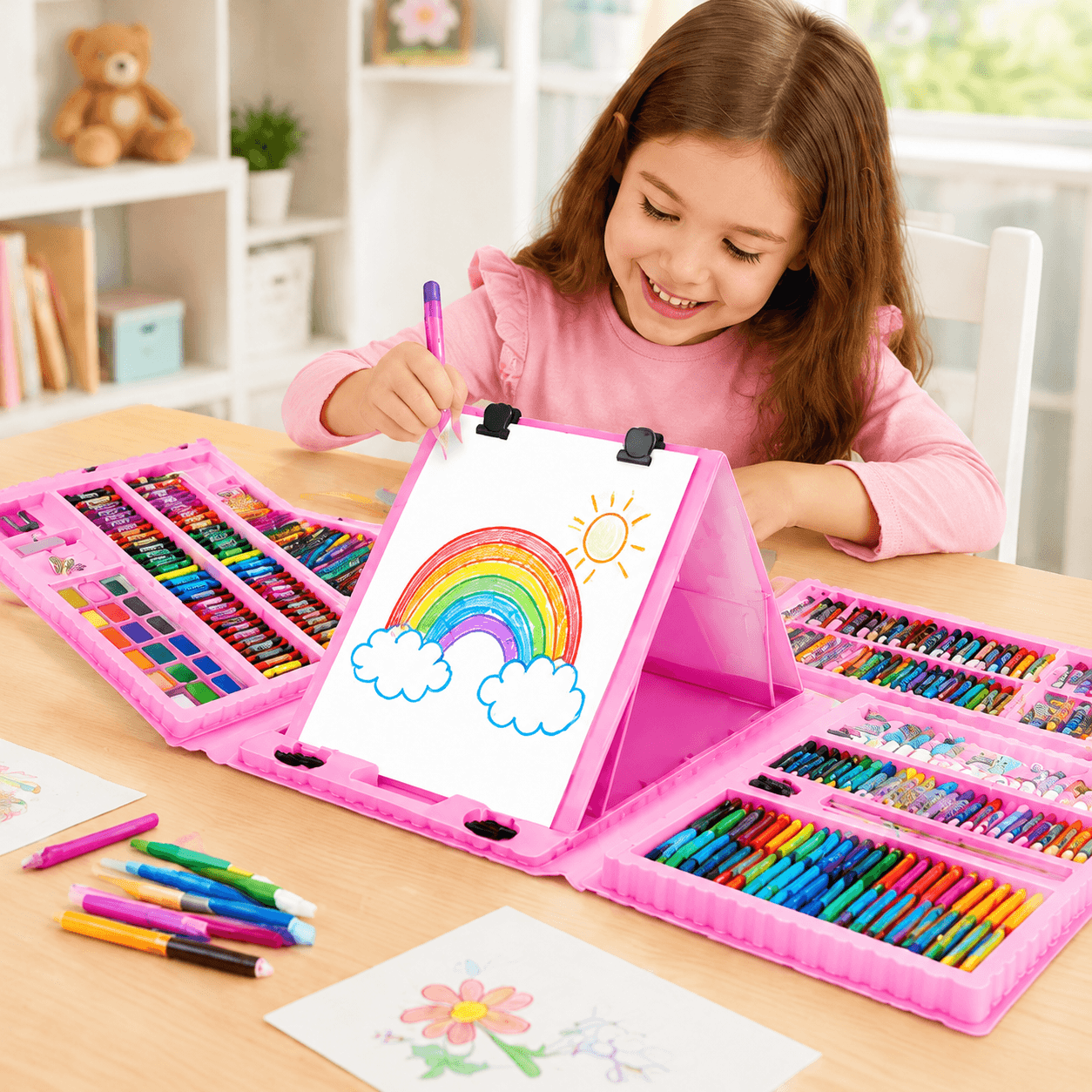 Super Mega Art Set 208 pièces – Mallette de dessin et peinture pour enfants avec chevalet intégré – Rose